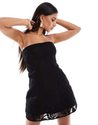 Asos Design Structured Bandeau Mini Dress With Lace Overlay In Black
