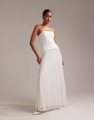 Asos Design Structured Bandeau Wedding Dress With Pleated Skirt In White