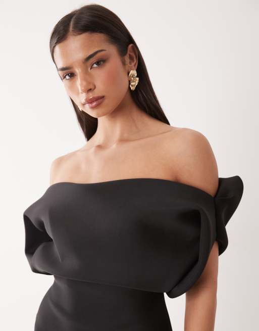 ASOS DESIGN structured bardot mini dress in black scuba-style fabric, 3 of 4