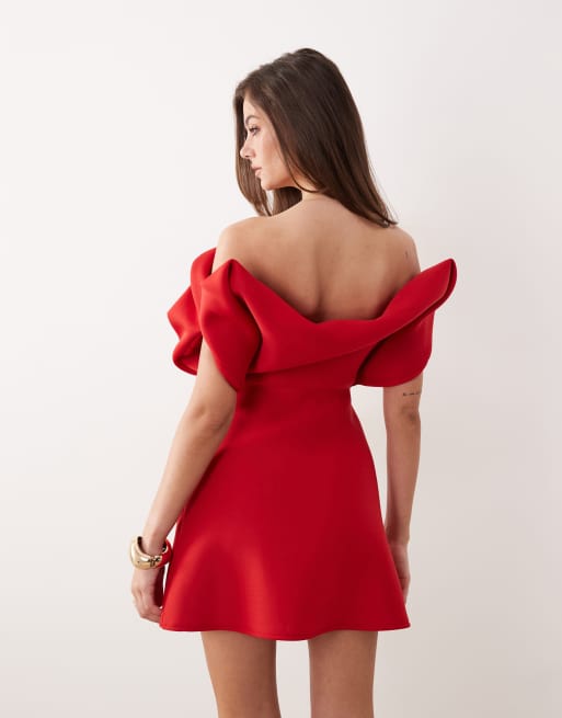 ASOS DESIGN structured bardot mini dress in red scuba-style fabric, 4 of 4