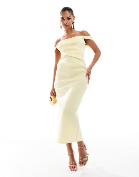 ASOS DESIGN structured bardot pencil midi dress in pastel yellow - view 1