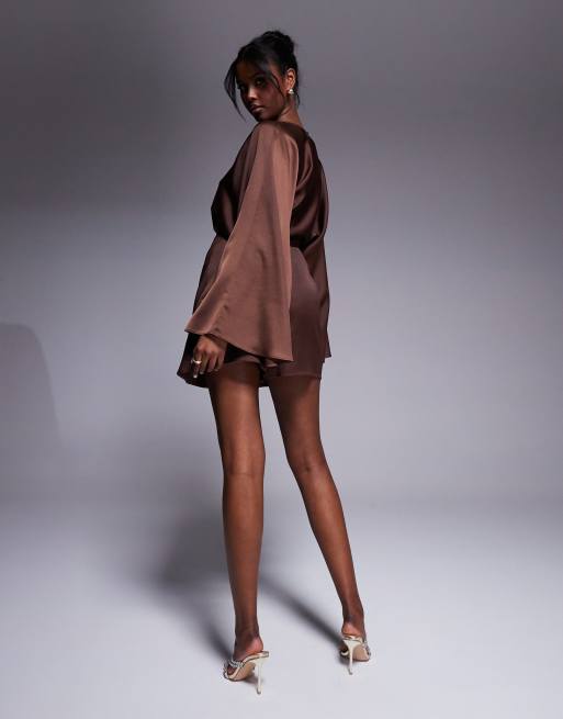 ASOS DESIGN structured batwing romper with skort detail in chocolate