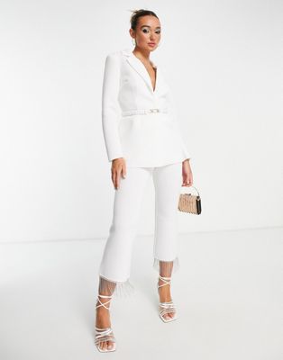 ASOS DESIGN structured belted jersey blazer with open back diamante detail in white
