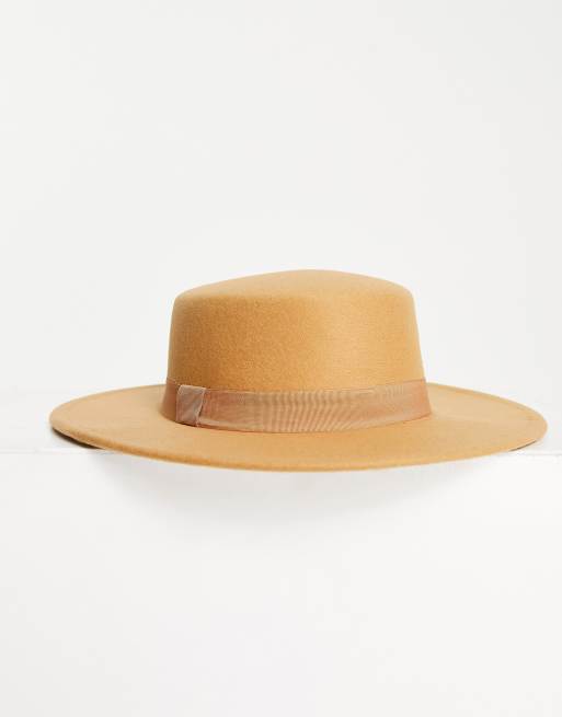 ASOS DESIGN structured boater hat with size adjuster in camel