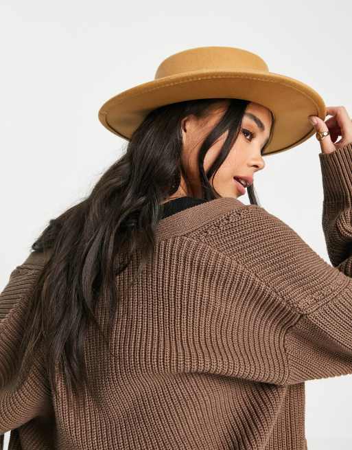 ASOS DESIGN structured boater hat with size adjuster in camel, 3 of 4