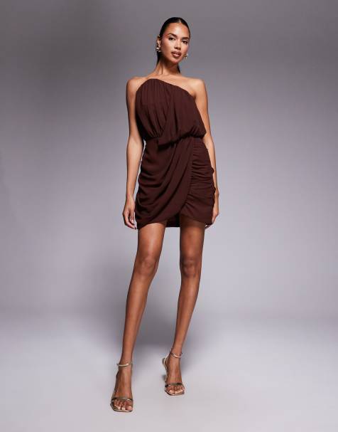 ASOS DESIGN structured bodice extreme drape mini dress in dark chocolate - view 1