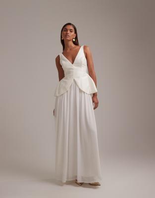 ASOS DESIGN structured bodice full skirt maxi dress in ivory-White