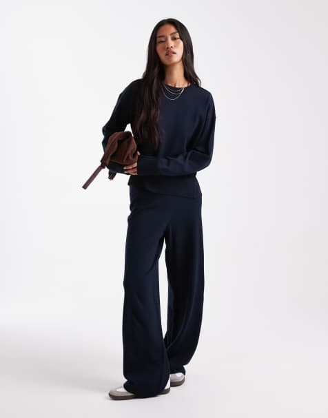 ASOS DESIGN structured boxy crew neck jumper with side split detail & trouser co-ord in navy - view 1