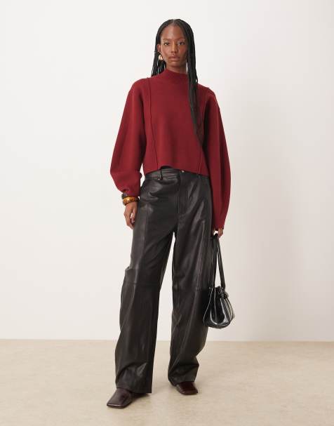 ASOS DESIGN structured boxy funnel neck jumper in burgundy - view 1