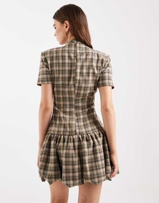 ASOS DESIGN structured bubble hem mini dress in brown check, 4 of 4