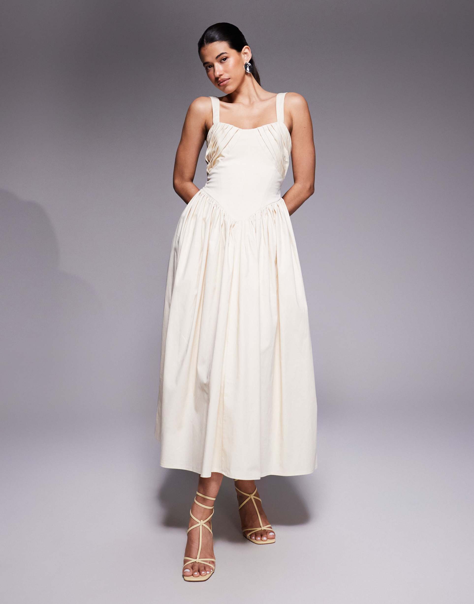 asos design structured bust detail full skirt midi dress in ivory