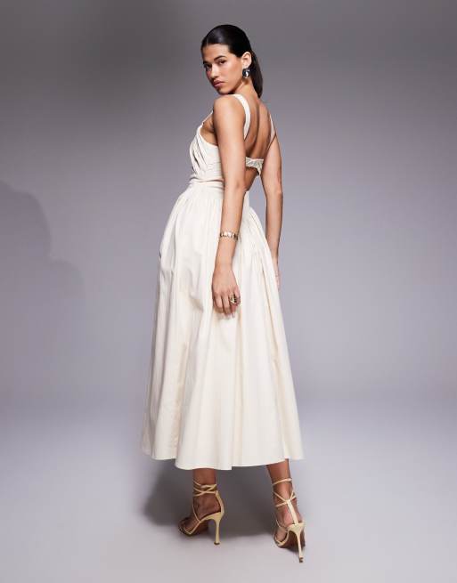 ASOS DESIGN structured bust detail full skirt midi dress in ivory | ASOS