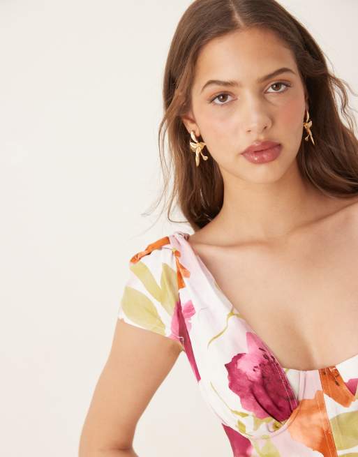 ASOS DESIGN structured bust seam detail cap sleeve mini dress in vibrant abstract print