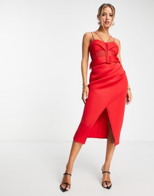 ASOS DESIGN bandeau corset structured skirt maxi dress in red, ASOS