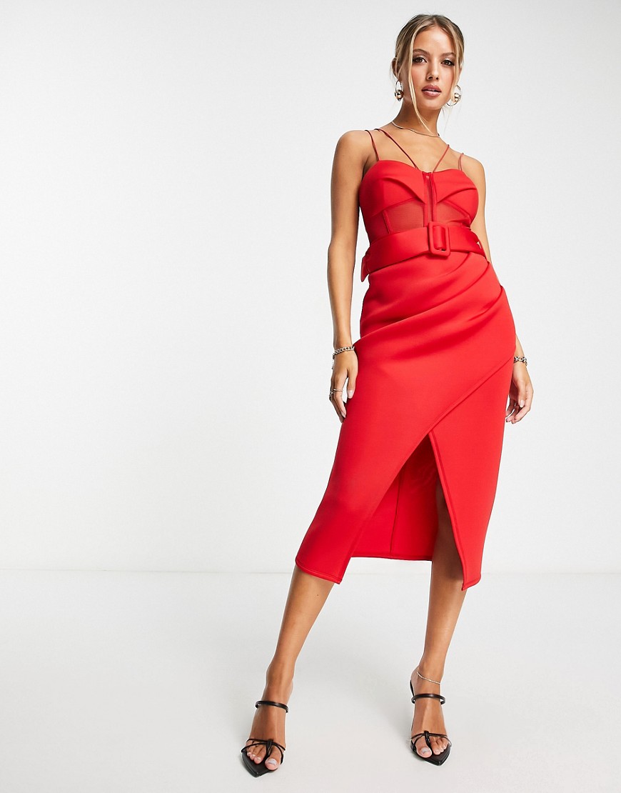 ASOS DESIGN structured cami corset mesh belted midi dress in red