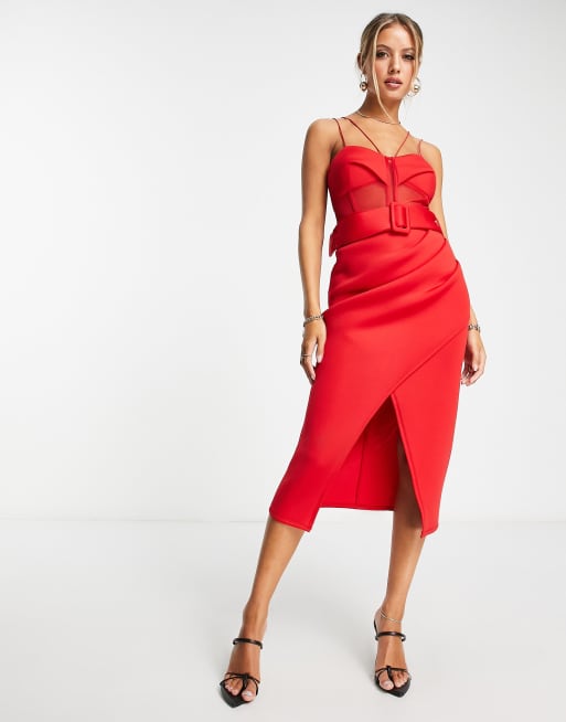 Red belted best sale midi dress