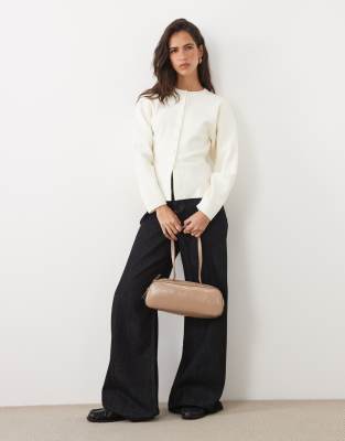 Asos Design Structured Knit Crew Neck Cardigan With Covered Buttons In White