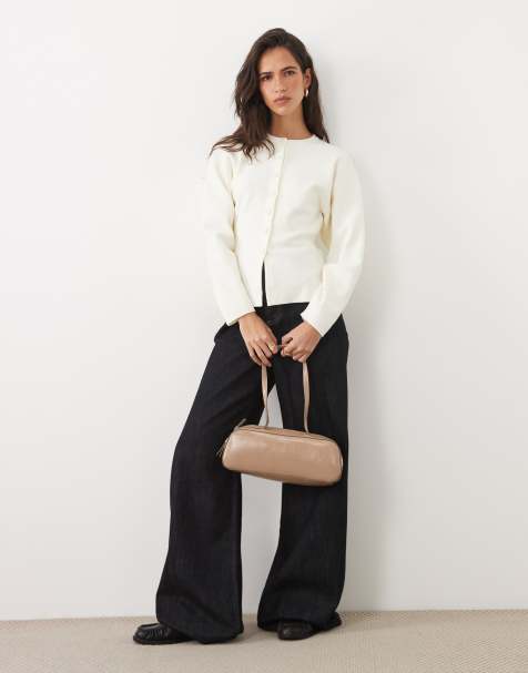 ASOS DESIGN structured cardigan with faux leather buttons in cream - view 1