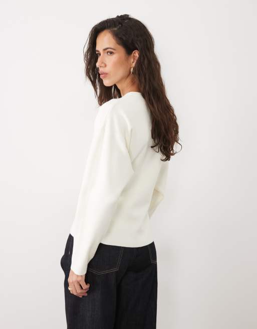ASOS DESIGN structured cardigan with faux leather buttons in cream, 4 of 4