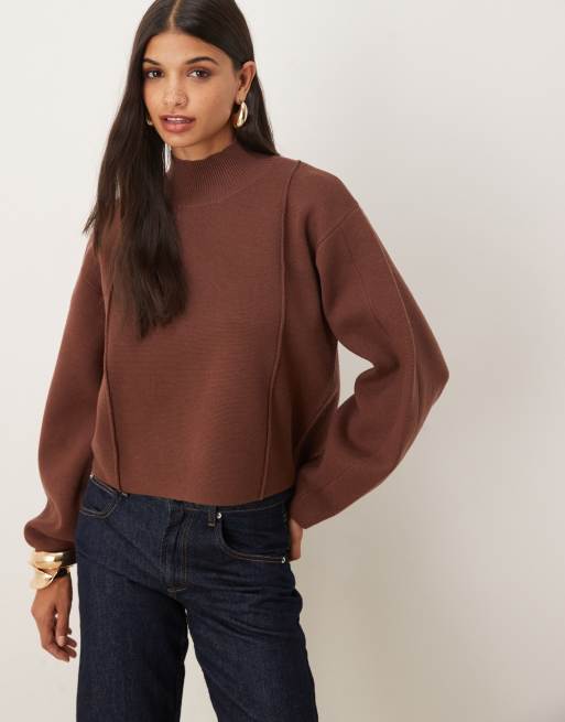 ASOS DESIGN structured compact knit boxy funnel neck sweater in mocha