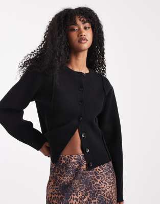Asos Design Structured Compact Knit Waisted Crew Neck Cardigan In Black