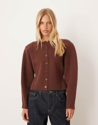 Asos Design Structured Compact Knit Waisted Crew Neck Cardigan In Brown