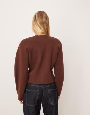 Asos Design Structured Compact Knit Waisted Crew Neck Cardigan In Brown