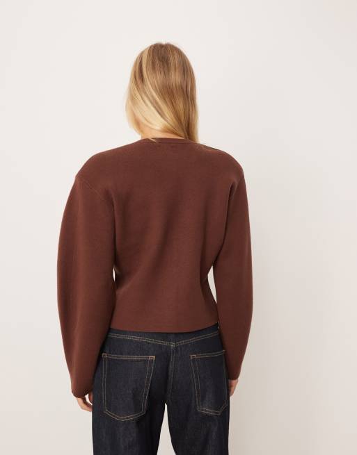 ASOS DESIGN structured compact knit waisted crew neck cardigan in mocha