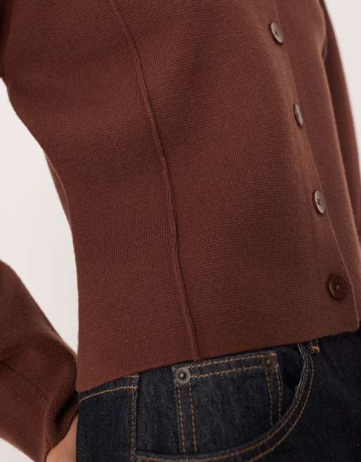 ASOS DESIGN structured compact knit waisted crew neck cardigan in mocha