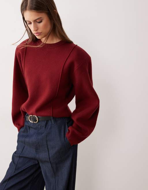 ASOS DESIGN structured compact knit waisted crew neck jumper in dark red