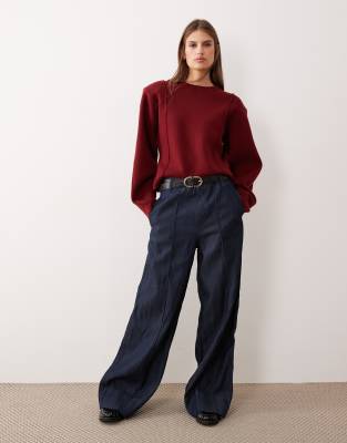 Asos Design Structured Compact Knit Waisted Crew Neck Sweater In Brown