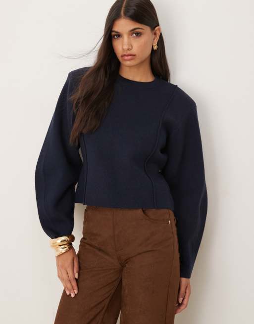 ASOS DESIGN structured compact knit waisted crew neck sweater in navy