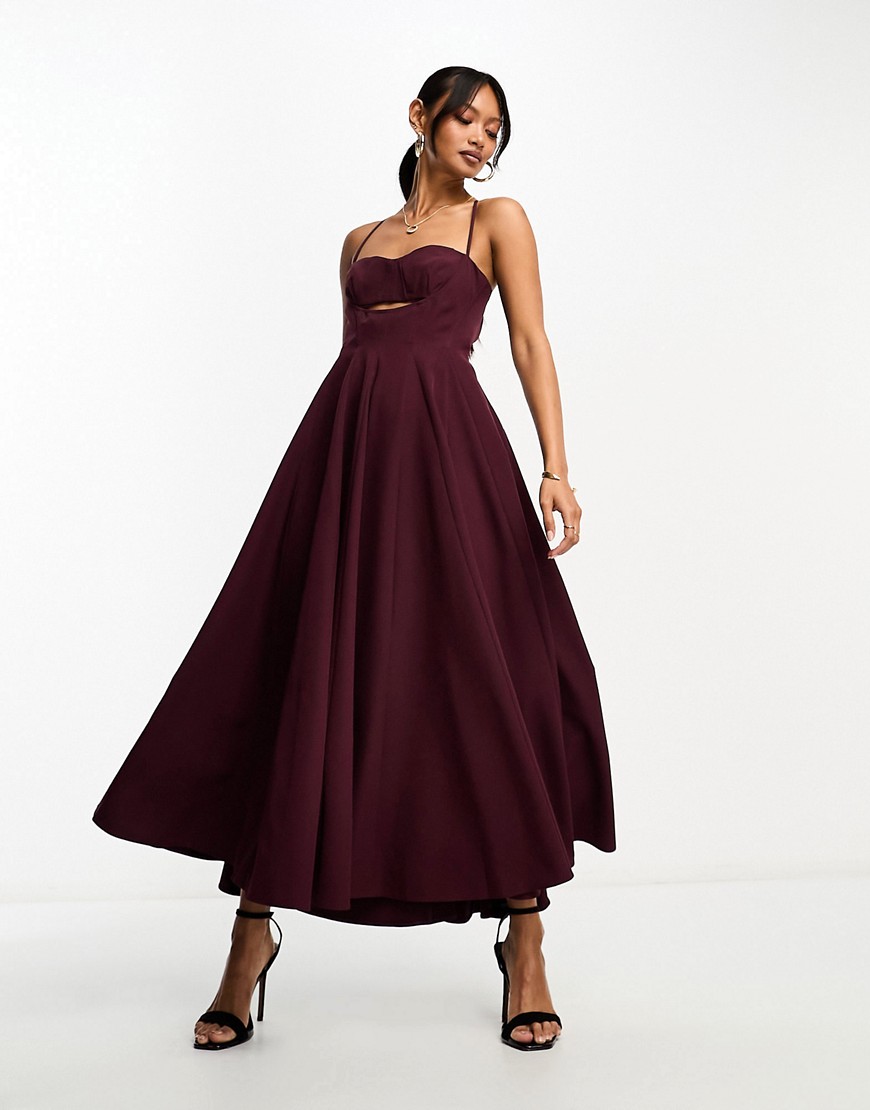 Asos Design Structured Corset Detail Midi Dress With Full Skirt In Purple
