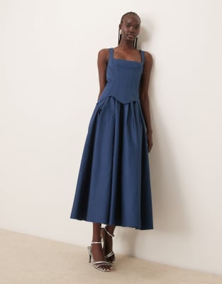 Asos Design Structured Corset Full Skirt Midi Dress In Blue