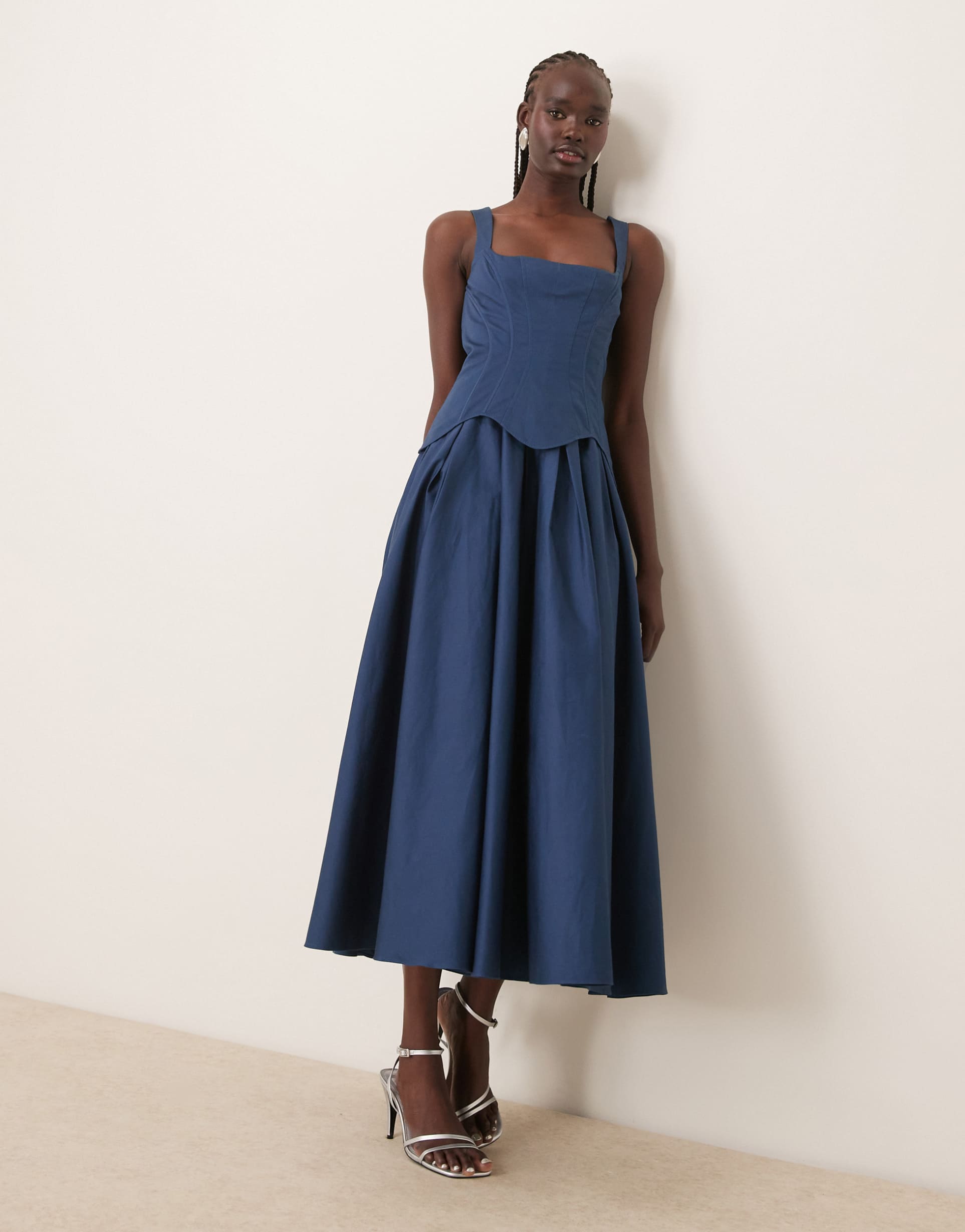 asos design structured corset full skirt midi dress in dark denim blue