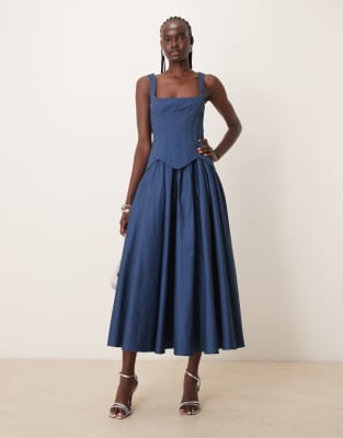 Asos Design Structured Corset Full Skirt Midi Dress In Blue