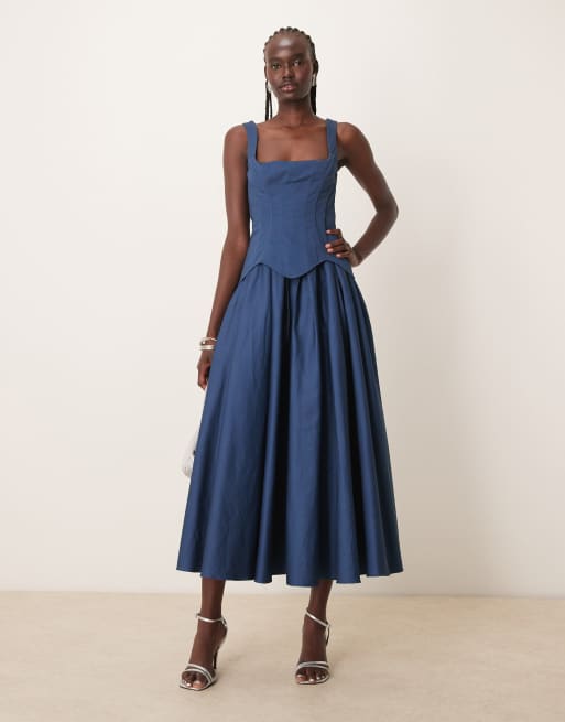 ASOS DESIGN structured corset full skirt midi dress in dark denim blue