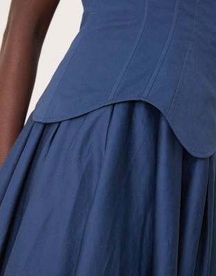 asos design structured corset full skirt midi dress in dark denim blue