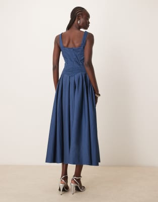 asos design structured corset full skirt midi dress in dark denim blue