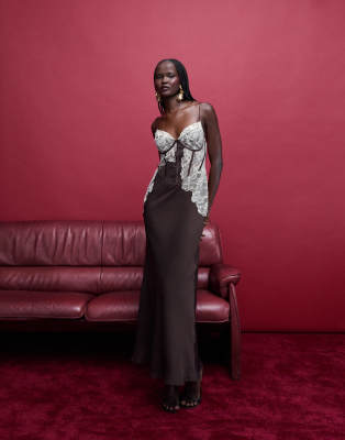 ASOS DESIGN structured corset lace detail maxi dress in chocolate