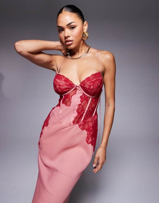 ASOS DESIGN structured corset lace detail maxi dress in pink