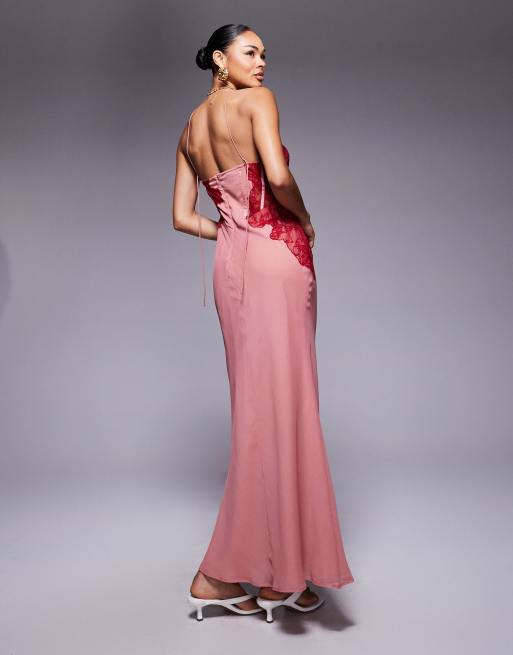 ASOS DESIGN structured corset lace detail maxi dress in pink