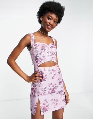 ASOS DESIGN structured corset mini dress with cut out deatil in floral print