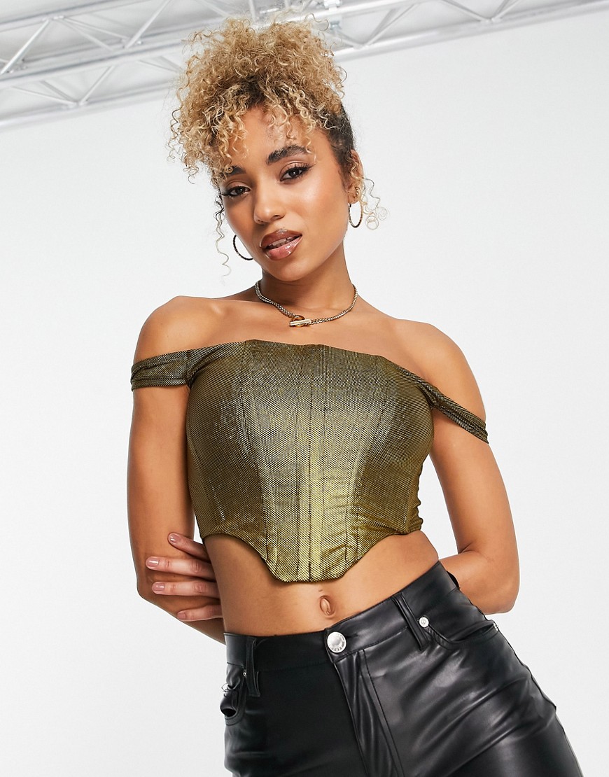 ASOS DESIGN structured corset top in gold foil-Green