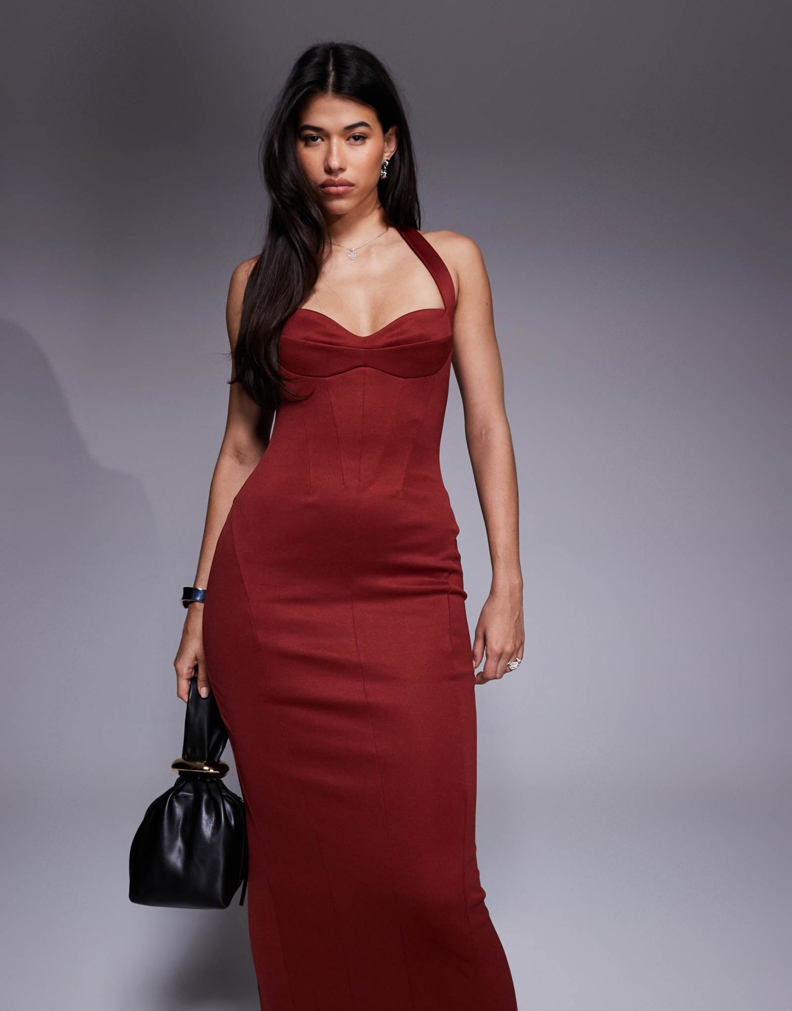 Структурированное платье миди с корсетом от ASOS DESIGN темно-вишневого цвета