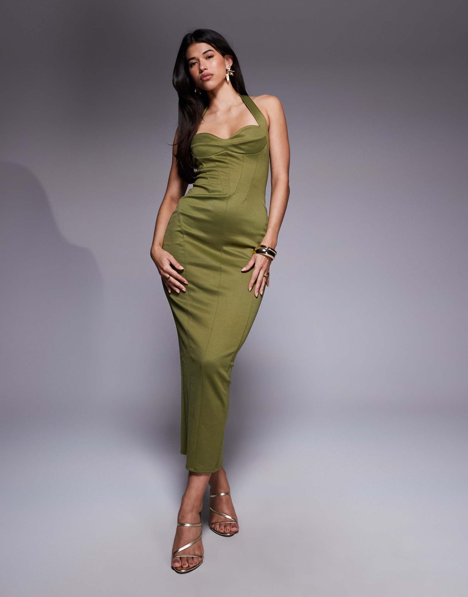 Структурированное платье миди с корсетом от ASOS DESIGN оливкового цвета