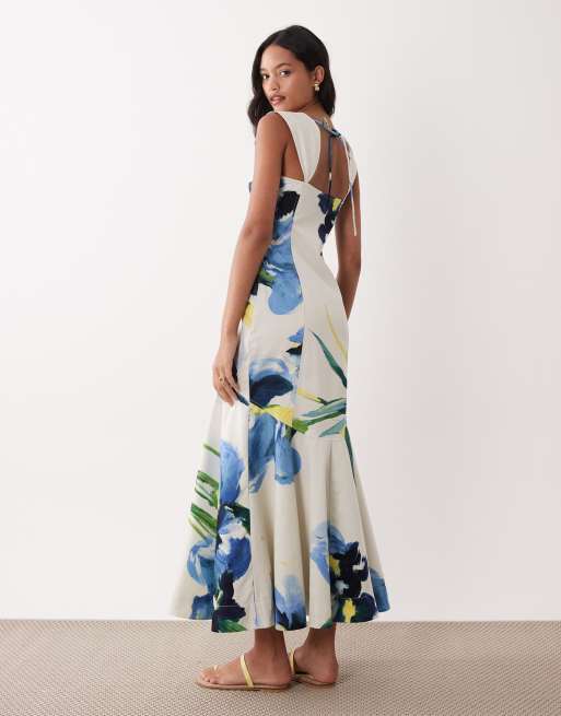 ASOS DESIGN structured cotton dropped waist maxi dress with tie back in blue abstract floral print, 3 of 4