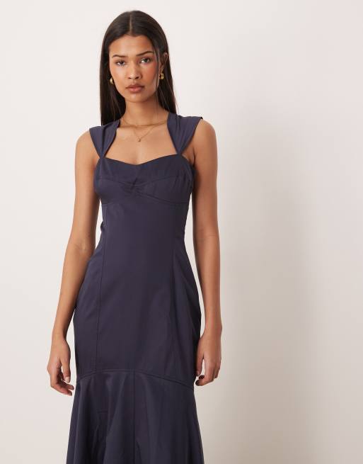 ASOS DESIGN structured cotton dropped waist maxi dress with tie back in navy, 3 of 4