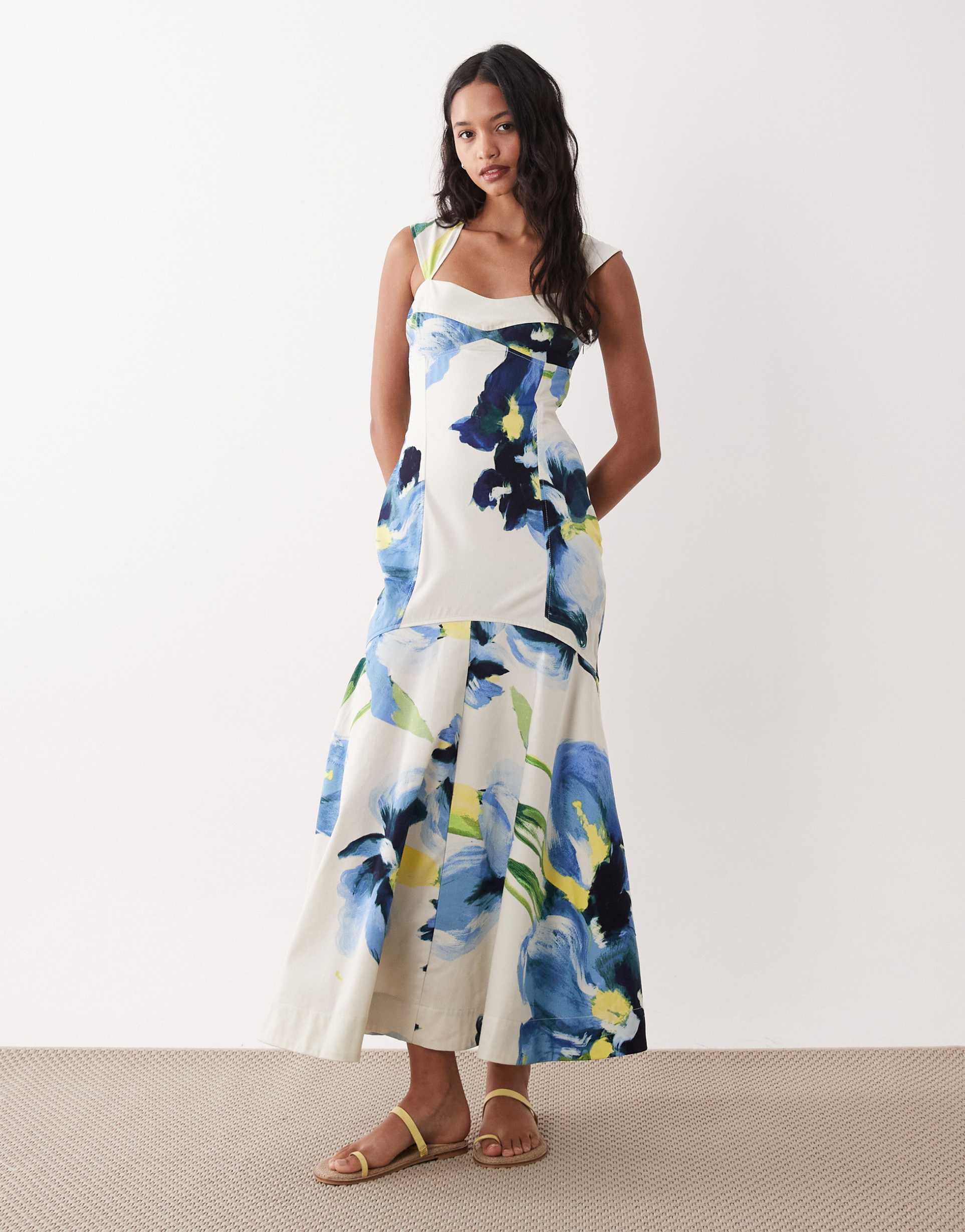 asos design structured cotton dropped waist midaxi dress with tie back in blue abstract floral print