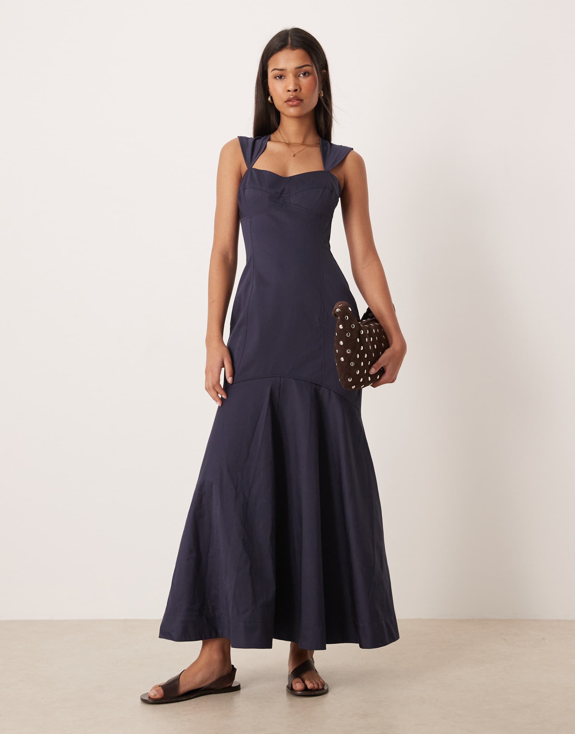 asos design structured cotton dropped waist midaxi dress with tie back in navy